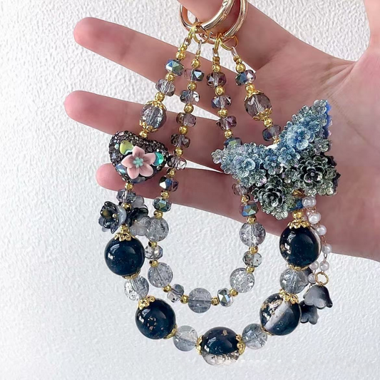 🦋 Black & Grey Butterfly Beaded Bag Chain (Double Layer)