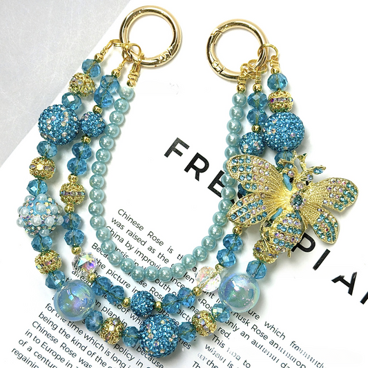 🐝✨ Blue Rhinestone Bee Beaded Bag Chain (Double Layer)