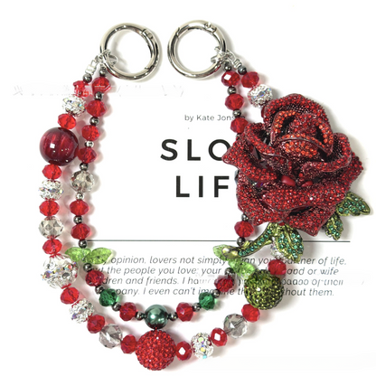 🌹✨ Red Rose Rhinestone Beaded Bag Chain (Double Layer)