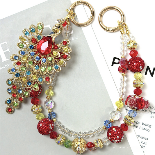 🦚✨ Rainbow Peacock Rhinestone Beaded Bag Chain (Double Layer)