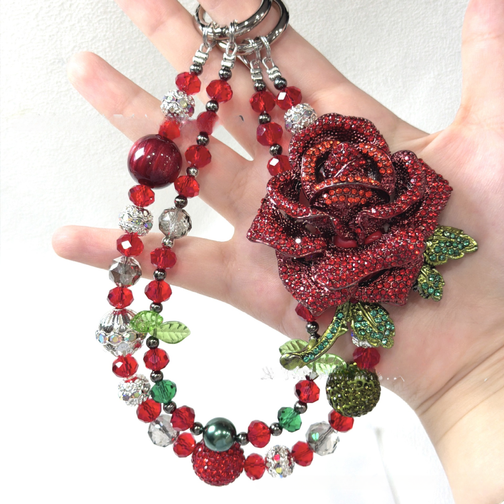 🌹✨ Red Rose Rhinestone Beaded Bag Chain (Double Layer)