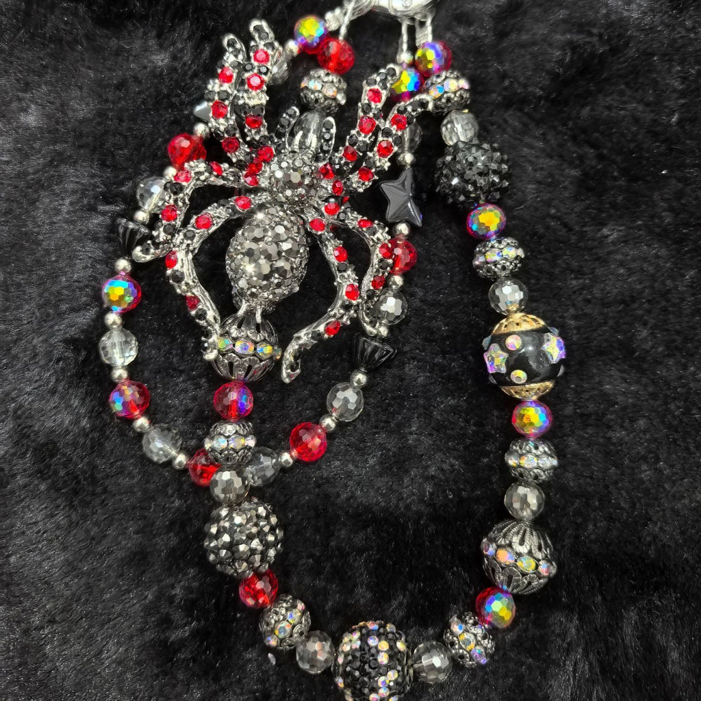 🕷️✨ Red & Black Rhinestone Spider Beaded Bag Chain (Double Layer)