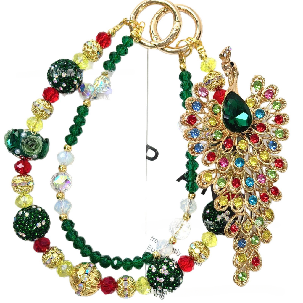 🦚✨ Rainbow Peacock Rhinestone Beaded Bag Chain (Double Layer)