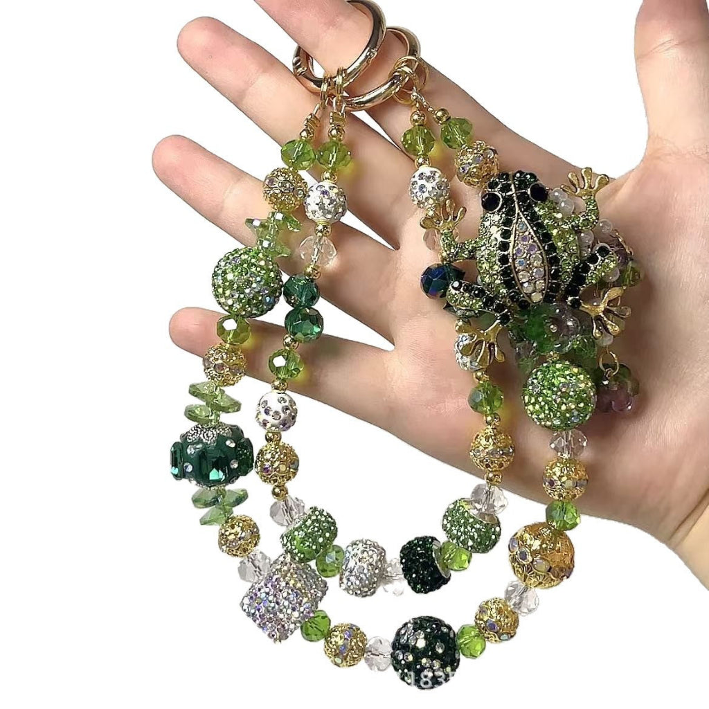 🐸✨ Green Rhinestone Frog Beaded Bag Chain (Double Layer)