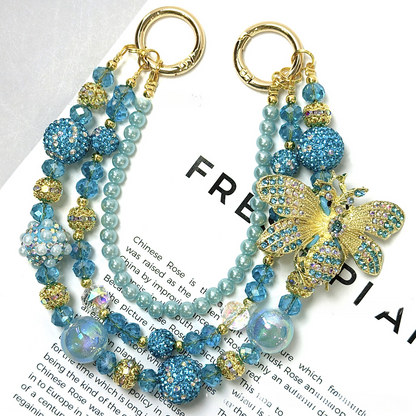 🐝✨ Blue Rhinestone Bee Beaded Bag Chain (Double Layer)