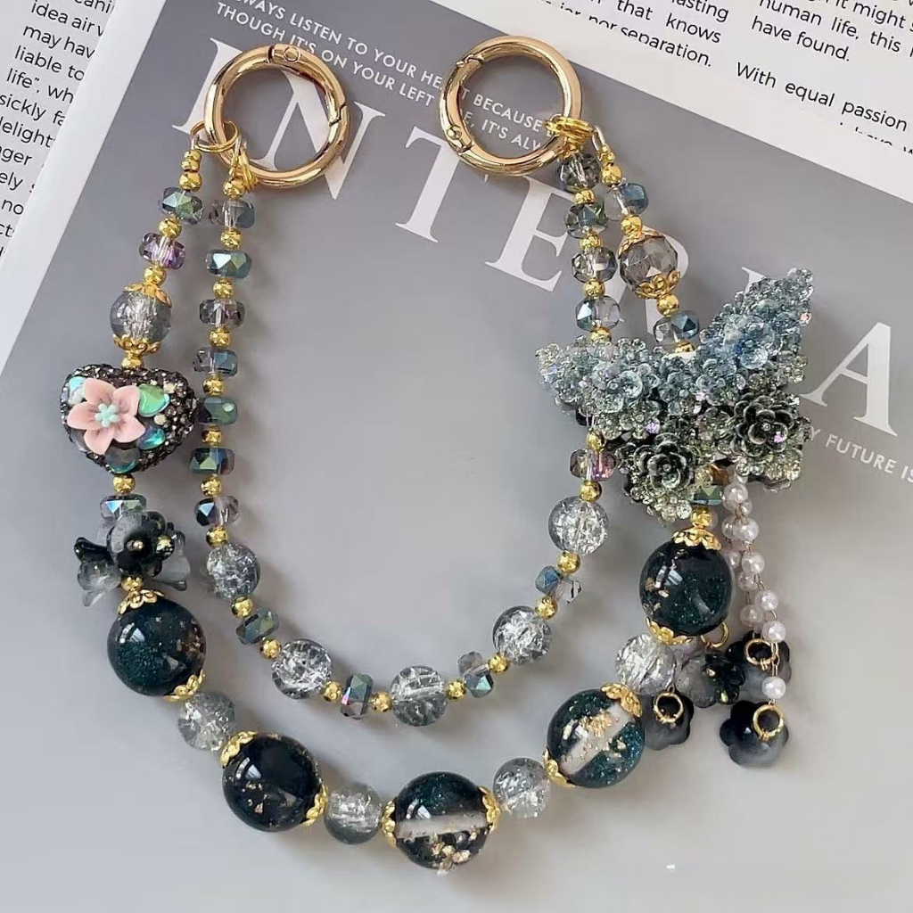🦋 Black & Grey Butterfly Beaded Bag Chain (Double Layer)