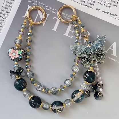 🦋 Black & Grey Butterfly Beaded Bag Chain (Double Layer)