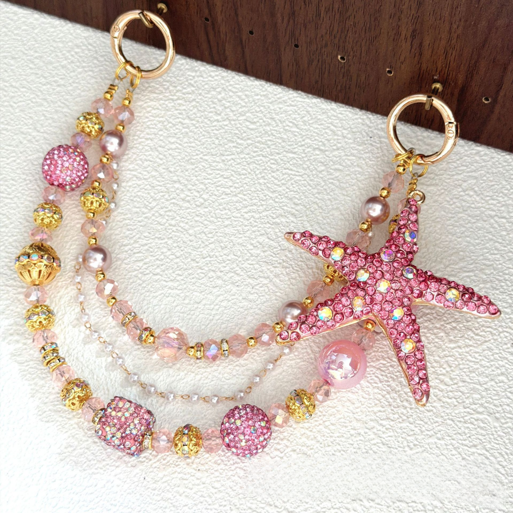 ⭐✨ Pink Rhinestone Starfish Beaded Bag Chain (Double Layer)