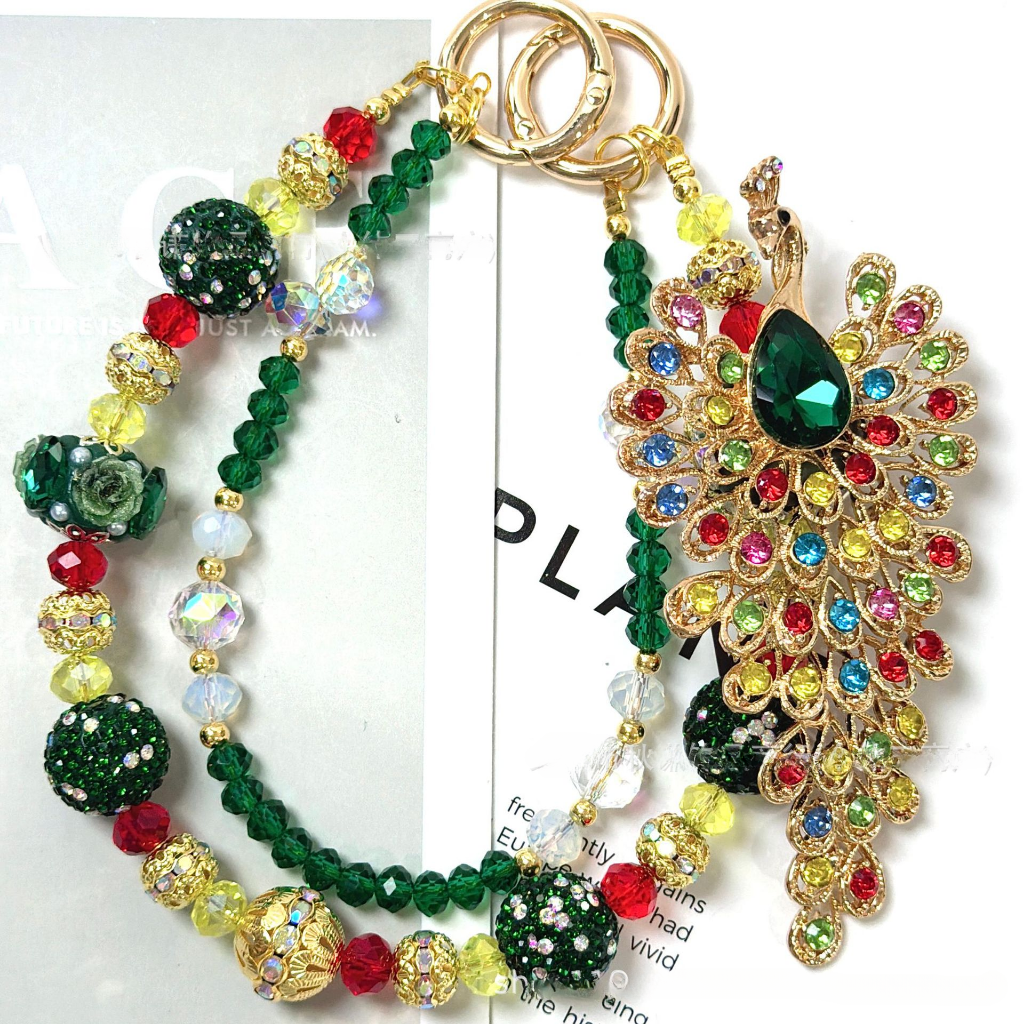 🦚✨ Rainbow Peacock Rhinestone Beaded Bag Chain (Double Layer)