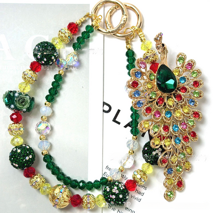 🦚✨ Rainbow Peacock Rhinestone Beaded Bag Chain (Double Layer)
