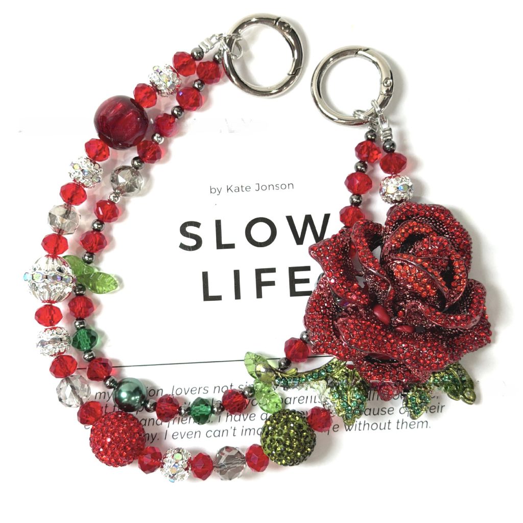 🌹✨ Red Rose Rhinestone Beaded Bag Chain (Double Layer)