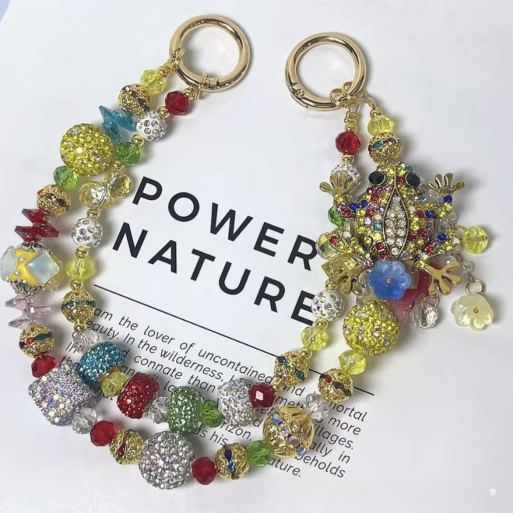 🐸✨ Green Rhinestone Frog Beaded Bag Chain (Double Layer)