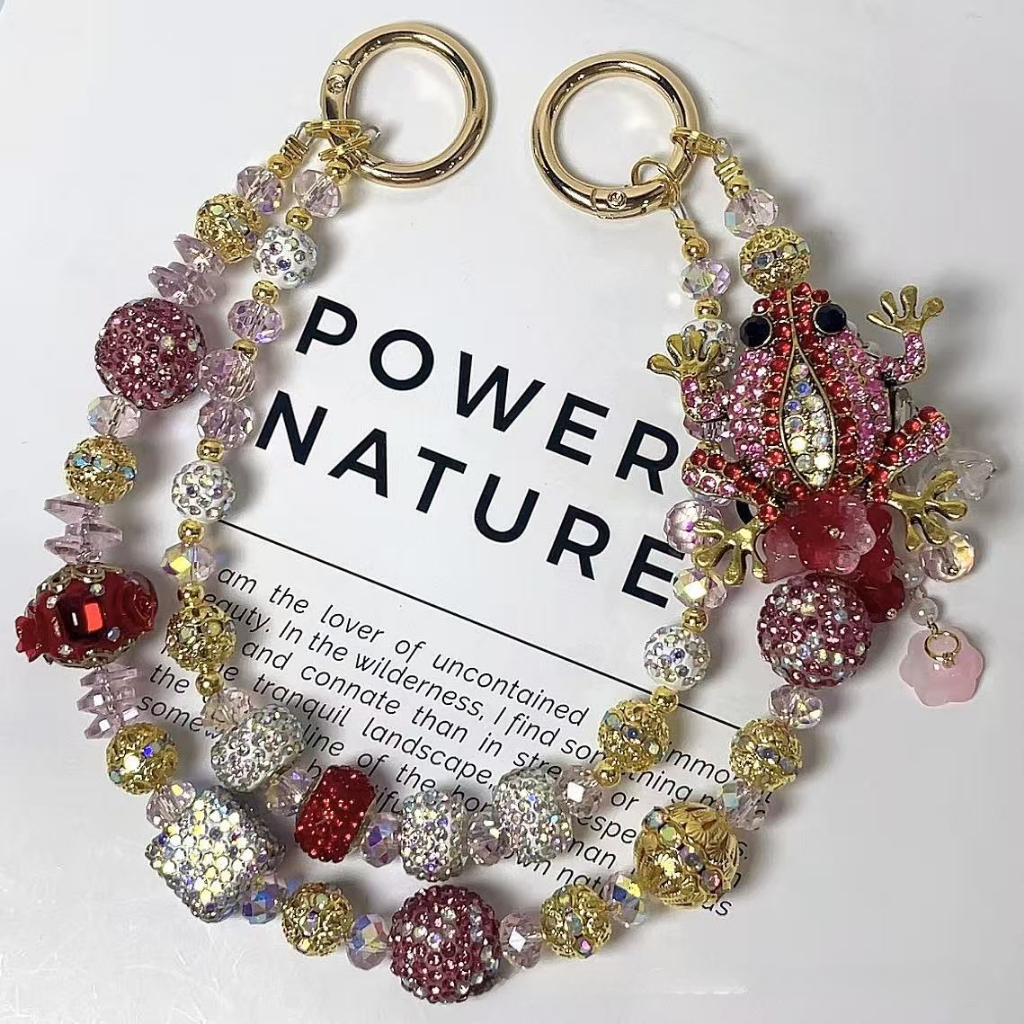 🐸✨ Green Rhinestone Frog Beaded Bag Chain (Double Layer)