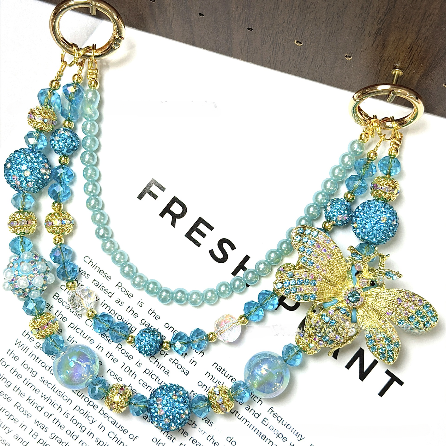 🐝✨ Blue Rhinestone Bee Beaded Bag Chain (Double Layer)